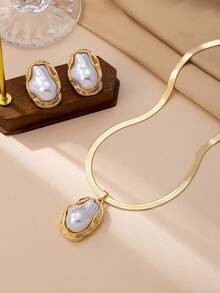 3件套时尚百搭蛇形链不规则珍珠吊坠项链耳环套装，适合少女日常及节日佩戴 - 金黃色 - 查看 3