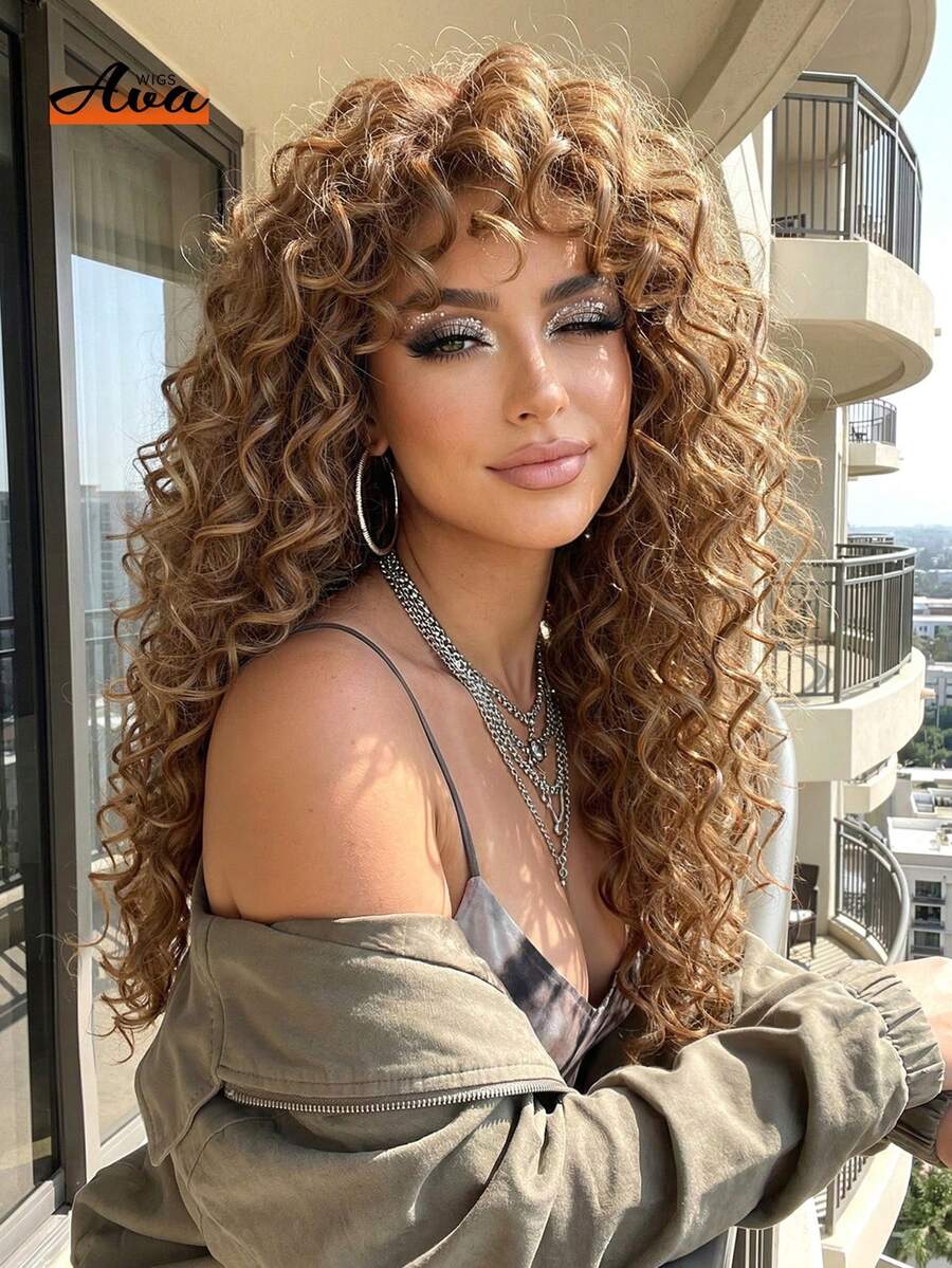 Tóc giả màu nâu 24 inch, tóc giả vàng óng ánh, tóc giả dài xoăn tổng hợp. Tóc giả tổng hợp chịu nhiệt, tóc xoăn bồng bềnh có mái, tóc giả sợi hóa học màu vàng ombre 18 inch, tóc giả có mái, tiện lợi cho sử dụng hàng ngày, dễ dàng cho người mới bắt đầu, tóc xoăn dày bồng bềnh, phù hợp cho Halloween và Cosplay, sử dụng đa năng cho hàng ngày, tiệc tùng, cosplay, ngày lễ và lễ hội âm nhạc, vật dụng thiết yếu thanh lịch và thời trang. - màu nâu - Xem 1