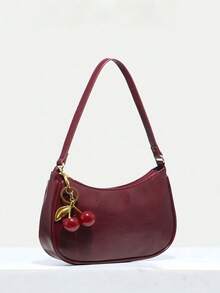 1pc Glossy Lacquered Cherry Ornament, Novelty Hanging Decor, Burgundy Minimalist Women's Shoulder Bag, Zipper Closure, Vintage Style, Underarm Bag, Suitable For Multiple Occasions , Red Bag , Burgundy Bag - 酒紅色 - 查看 3