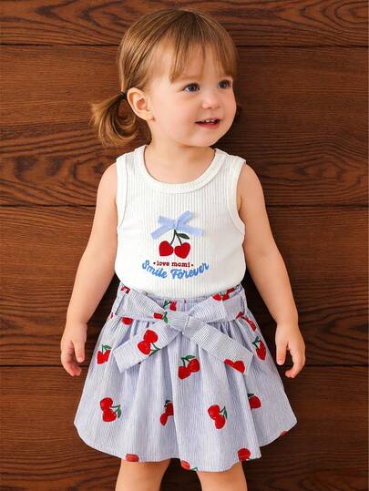 Summer Baby Girls Sleeveless Round Neck Ribbed Cherry Bow Letter Print Tank Top + Cherry Ribbed Print Skirt + Belt Accessory Outfit, Suitable For Outdoor Play