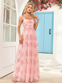 Đầm phù dâu không tay bằng vải lưới họa tiết hoa nhí, đầm dài thanh lịch, thích hợp cho sinh nhật, tiệc tùng, đám cưới và các dịp khác. - Hồng - Xem 7