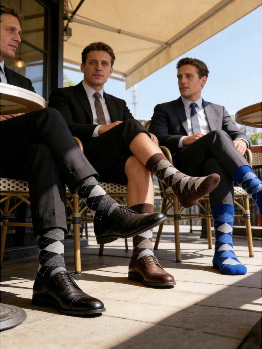 LAOPAO 3双男士商务袜，经典菱格纹图案，展现英伦绅士风范，适合搭配西装和皮鞋，高弹透气面料，吸湿排汗，时尚商务休闲袜 - 彩色 - 查看 1