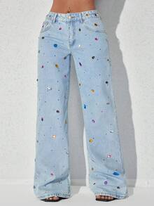 Pearl Embellishment Low Waist Wide Leg Casual Blue Slanted Pocket Curved Women'S Jeans - Baby Blue - View 6