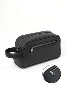 HOVI'S Men's Black Plaid Textured PU Leather Clutch Bag - Dual Zipper Design Wrist Strap, Large Capacity For Phone & Daily Items, Business Casual, New Year & Valentine's Day Gift - Black - View 5