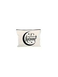 Stars Moon Pattern And Letters Ramadan Pattern Cosmetic Bag With Letters"Ramadan Kareem" Design-Linen Button Decorative Handbag, Stars Moon Printed Handbag,For Ramadan Kareem,Bismilah, Eid Mubarak, Iftar, Ramadan Theme Pattern, Large Capacity Ladies' Travel Makeup Bag - Multicolor - View 13