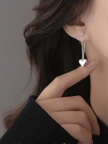 1 Pair S925 Sterling Silver Minimalist Romantic Heart Tassel Earrings, Unique Design Delicate Heart-Shaped Long Earrings, Versatile For Daily Wear, Elegant Gift - Love - View 7