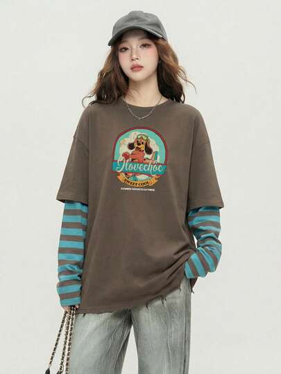 Kaos Wanita Bergambar Anak Anjing Kartun, Gaya Gadis Manis yang Imut, Atasan Lengan Panjang Longgar & Nyaman dengan Motif Patchwork, Kasual untuk Tahun Baru