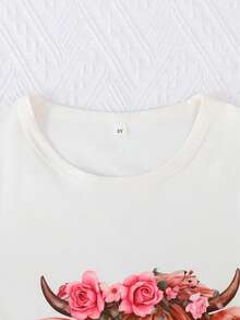 3 peças/Conjunto Pijama Casual e Fofo de Meninas com Estampa de Vaca das Terras Altas e Floral, Top de Manga Curta Gola Redonda, Shorts e Calça, Retardante de Chamas, Todas as Estações - Multicolorido - Visão 4