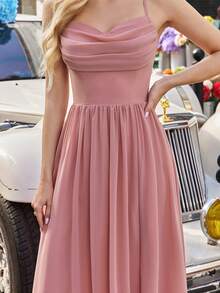 Chiffon Elegant Long Bridesmaid Dress, Spaghetti Straps, Thigh High Slit Zipper Design - Pink - View 7
