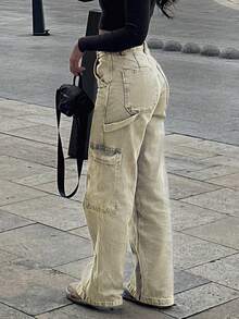 2026夏季女式宽松休闲黄色工装牛仔裤，Y2K风格水洗阔腿牛仔裤，性感街头风水洗牛仔裤 - 復古黃 - 查看 8