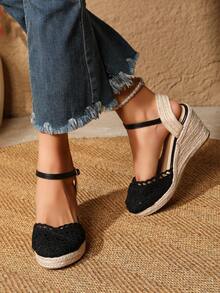 透气闭趾时尚休闲绳编坡跟女凉鞋 - 黑色 - 查看 3