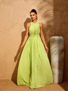 LOVE&LEMONADE Đầm maxi dự tiệc, cưới, mùa xuân dành cho nữ, không tay, xếp ly, dây mảnh, có mũ trùm đầu. - Màu xanh chanh - Xem 5