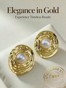 Retro Pearl Earrings - Thick Gold Geometric Oval Pearl Stud Earrings With Exaggerated Texture, Round And Unique Style Earrings, Fashionable Jewelry Gift, Baroque Pearl Earrings, Women's Large Golden Pearl Earrings, Irregular Large Pearl Earrings, Unique And Fashionable Jewelry.(1/3pairs) - Multicolor - View 2