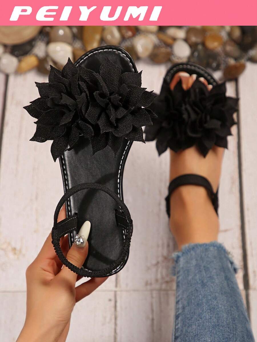 PEIYUMI Women's Sandals, Summer Beach Floral Decor Sandals, Stretchy Elastic, Easy To Carry - Black - View 1