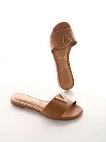 Vizzano Slide Sandal With Textured Strap And Metallic Logo Detail - Camel - View 1
