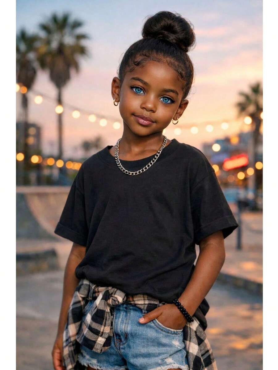 Girls' Streetwear T-Shirt, 100% Cotton, Sizes 2 To 16. Lightweight And Cool For Children And Teenagers. - 黑色 - 查看 1