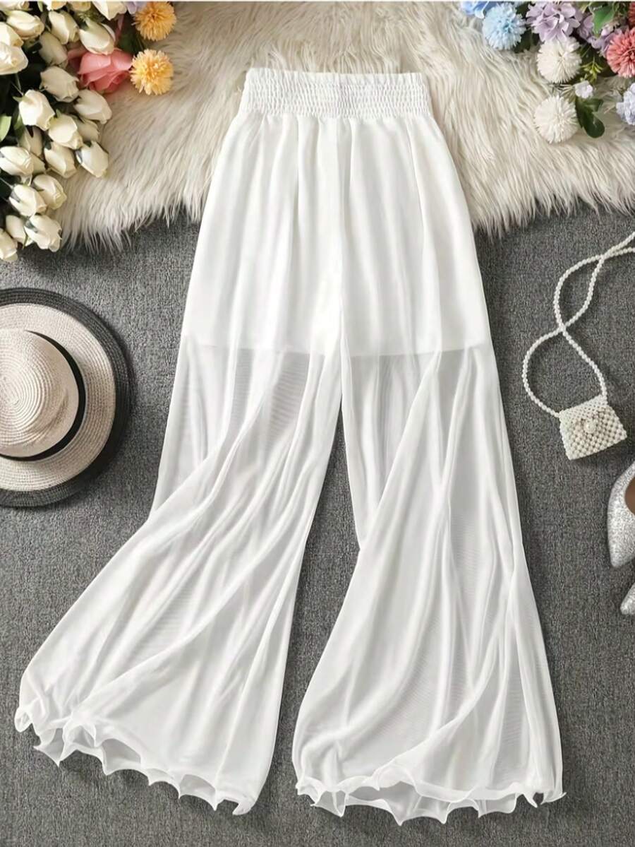 Plus Size Women's Spring/Summer Casual Wide Leg Solid Color Elastic Waist Mesh Long Pants, Versatile For Spring/Summer Wear With Various Tops White - White - View 1