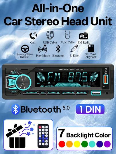 Bilstereo med enkel DIN-funktion, stöder snabbladdning, utrustad med USB/SD/Aux-ingång, bakgrundsbelyst LCD-skärm med 7 färger, lämplig för 12V-fordon, kompatibel med smartphones/surfplattor