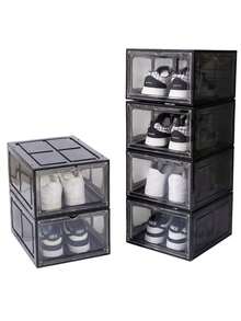 Zapatera de plástico organizadora de zapatos apilable y plegable, Sneaker box estante para tenis, caja de acrílico mueble para tenis 6 cajas - Negro - Ver 1