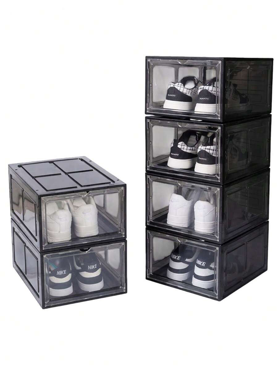 Zapatera de plástico organizadora de zapatos apilable y plegable, Sneaker box estante para tenis, caja de acrílico mueble para tenis 6 cajas - Negro - Ver 1