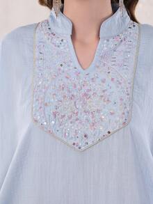 2026 New Style Ramadan Traditional Elegant Embroidered Beaded Dress, Modest Arabic Women's Dress With Small Stand Collar And V-Neck, Blue - Blue - View 3