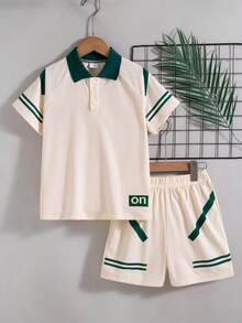 2 pièces/Set Chemise polo à manches raglan avec imprimé lettres et short pour garçons, style décontracté et mode, pour le printemps/été - Nude - Voir 2
