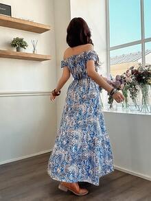 EARO 时尚女士长款连衣裙，收腰设计，显瘦，优雅印花露肩连衣裙 - 彩色 - 查看 2