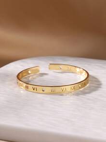 1 pieza Brazalete de mujer de acero inoxidable con números romanos huecos de color dorado, diseño geométrico abierto, joya de boda como regalo - Amarillo Oro - Ver 6