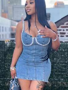 Women's Denim Sleeveless Mini Bodycon Short Dress Elastic Tight Washed Dress Slim Fit Off-Shoulder Dress Casual Vintage For Spring Summer Fall Women Clothes Valentine's Day Night Date Outfit Graduation Party - 藍色 - 查看 3