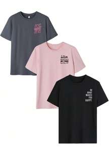 3件套女士新款休闲可爱图案宽松度假风圆领短袖T恤，时尚日常上衣，适合日常度假穿着。粉色夏季 - 粉色 - 查看 7