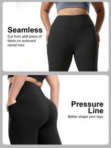 Plus Size Women's High Elasticity Waist Casual Yoga Black 7/8 Leggings, Suitable For Daily Workout - Black - View 5