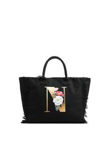 黑色帆布流苏单肩包，大容量手提包，学生笔记本电脑包 - 長方形 - 查看 15