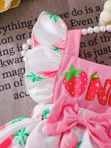 Newborn Baby Girl Strawberry Theme Romper Set, White Base Printed + Pink Cami Dress Romper With Bow Headband, Cute And Sweet - Pink - View 6