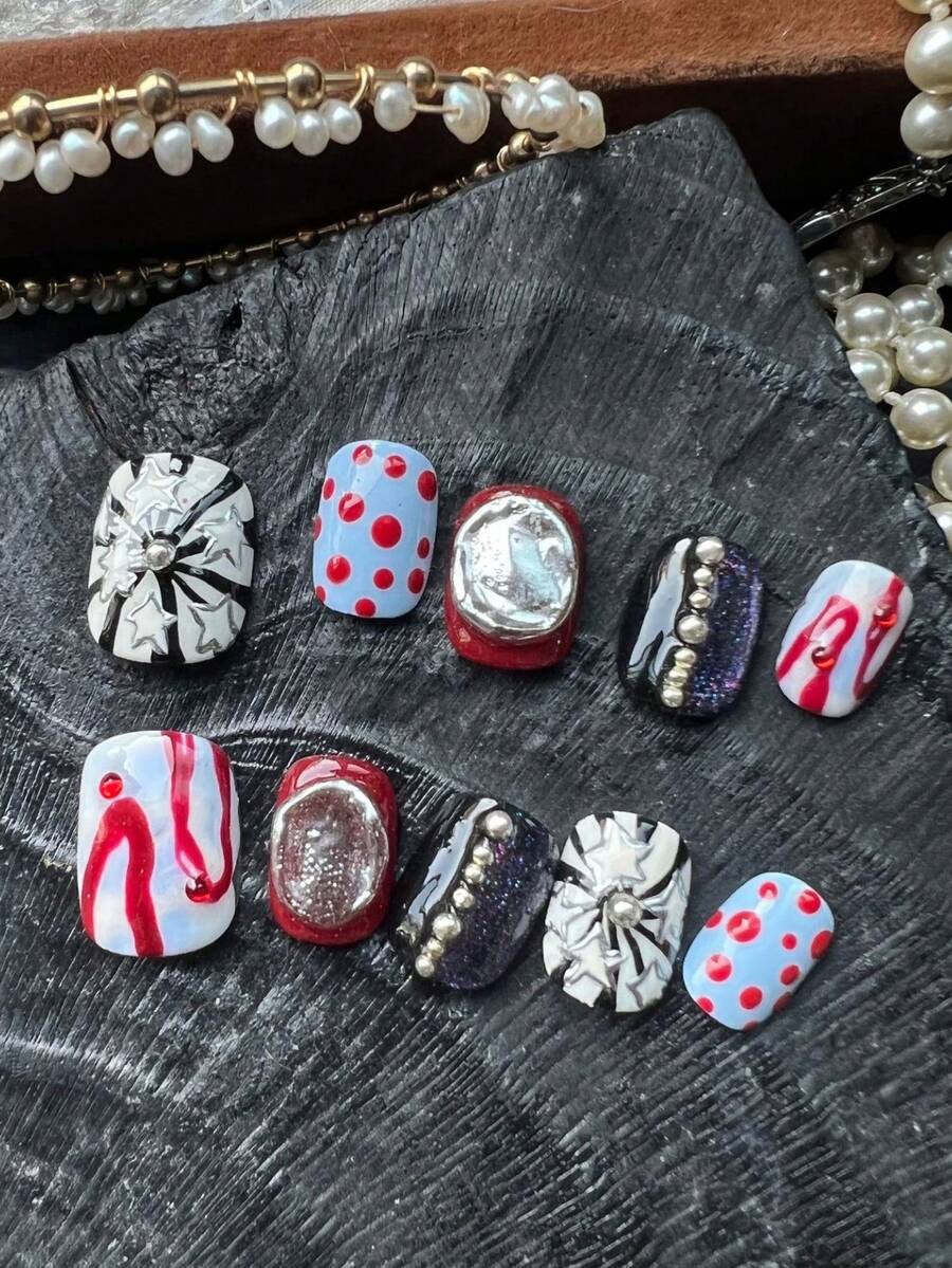 10片红色条纹银星蓝色星空猫眼按压式短假指甲，Y2K金属朋克风短方形/圆形人造指甲，适合日常佩戴、音乐节、外出和度假。配有收纳盒，适合女性和女孩。 - 彩色 - 查看 1