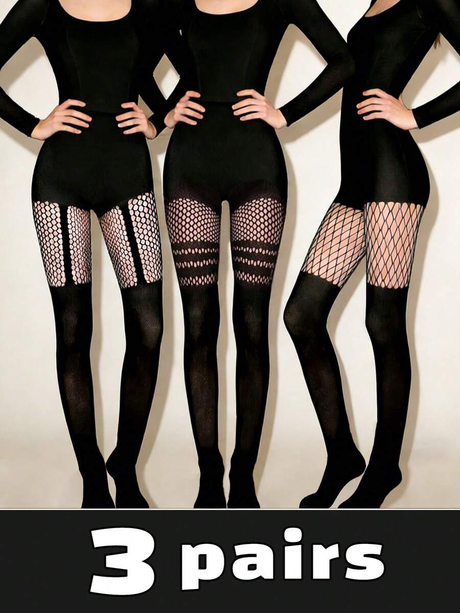 3件装性感镂空连裤袜，镂空吊带渔网袜，夜店哥特风黑色蕾丝渔网紧身裤（适合0XL-2XL码，最大承重135磅） - 彩色 - 查看 1