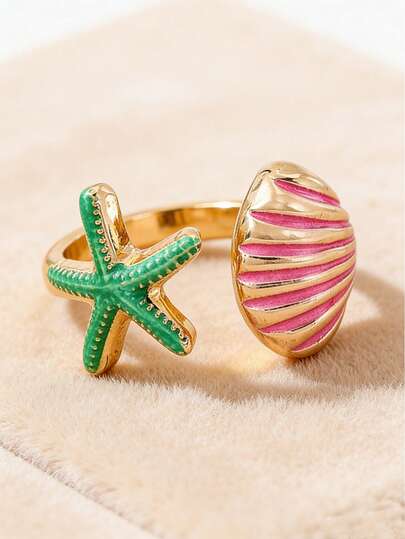 1 pieza Anillo de metal con estrella de mar y concha, elegante y de moda, accesorio versátil para mujer, adecuado para vacaciones, regalo para días festivos