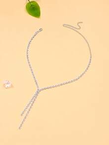 STONEFANS 1pc Minimalist Tassel Necklace, Fashion Versatile Zirconia Choker Necklace For Women - Silver - View 3