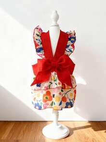 LUCKIE LABO 一件复活节花卉彩蛋印花蝴蝶袖公主裙，适合吉娃娃、小型犬，优雅芭蕾舞风格吊带裙，室内外宠物服装 - 紅色 - 查看 2