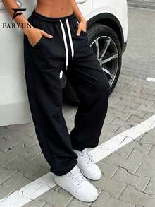 2025 Solid Color Casual Comfortable Drawstring Waist Pants, Versatile And Breathable Black Spring - Black - View 2