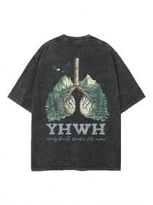 YHWH Nature Vintage Washed Tee 100% Cotton | Forest Lungs Graphic With Birds, Distressed Fabric - Faith-Based Apparel & Thoughtful Gift Idea | Unisex - màu đen - Xem 2