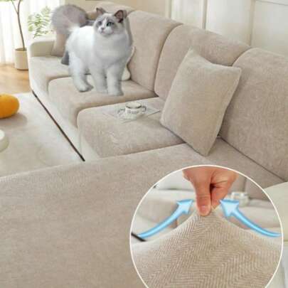 1pc Chenille Fabric Elastic Jacquard Waterproof Sofa Seat Cushion Cover, Non-Slip, Simple & Elegant, Soft & Skin-Friendly, Pet & Dust Proof, Suitable For L-Shaped Sofa 1/2/3/4 Seat Cushion Cover, All Season