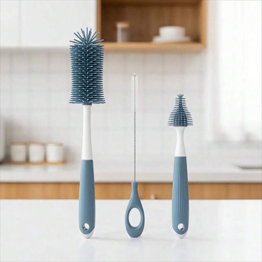 3PCS Baby Bottle Cleaning Brush Set, Soft Silicone 360° Bottle Brush With Straw Brush & Nipple Brush, Great For Travel And Daily Cleaning - Navy Blue - View 1