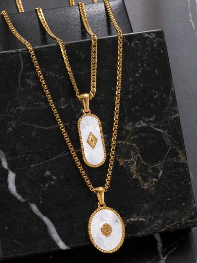 2 piezas Collar colgante de acero inoxidable de doble capa vintage con elemento de concha blanca, adecuado para uso diario de hombres y accesorios de vacaciones
