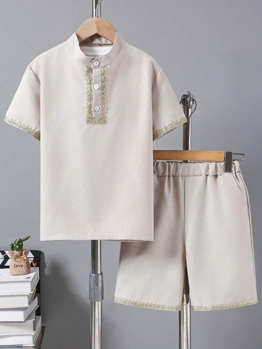 2pcs/Set Boys' Casual Outfit, Fashionable & Versatile Short Sleeve Tee And Shorts, Comfortable Summer Wear, Suitable For 8-12 Years Old Boys, Ideal For Daily And Outdoor Wear, Perfect Choice For Ramadan - Beige - View 1