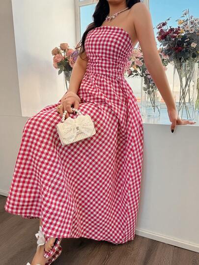 Vestido largo de mujer con escote halter a cuadros EARO, ropa de resort casual y estilizadora para el verano