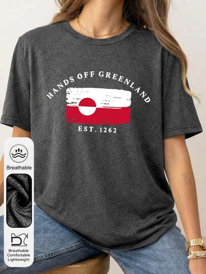 Plus Size Women's Daily Don't Touch The Greenland Slogan Graphic Crew Neck Short Sleeves Casual Summer Women's Tops ,Greenland Flag Graphic Women's Dark Gray T-Shirt