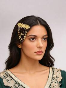 1 Stück elegante Haarspange für Frauen mit geschnitztem Blumenmuster, Metall-Kette & Quasten-Dekor, geeignet für Partys, Hochzeiten, Schmuckzubehör (zufällige Menge an runden Anhänger-Charms) - Verschiedenfarbig - Übersicht 5