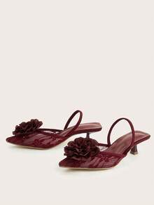 女士简约纯色尖头套脚鞋，百搭优雅舒适时尚高跟鞋，饰有花卉图案，缎面露跟猫跟 - 酒紅色 - 查看 3