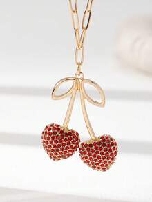 1 Pc Cherry Charm Necklace Pave Rhinestone Heart Shape Cherry Pendant Necklace Women Cherry Necklaces Jewelry - Multicolor - View 3