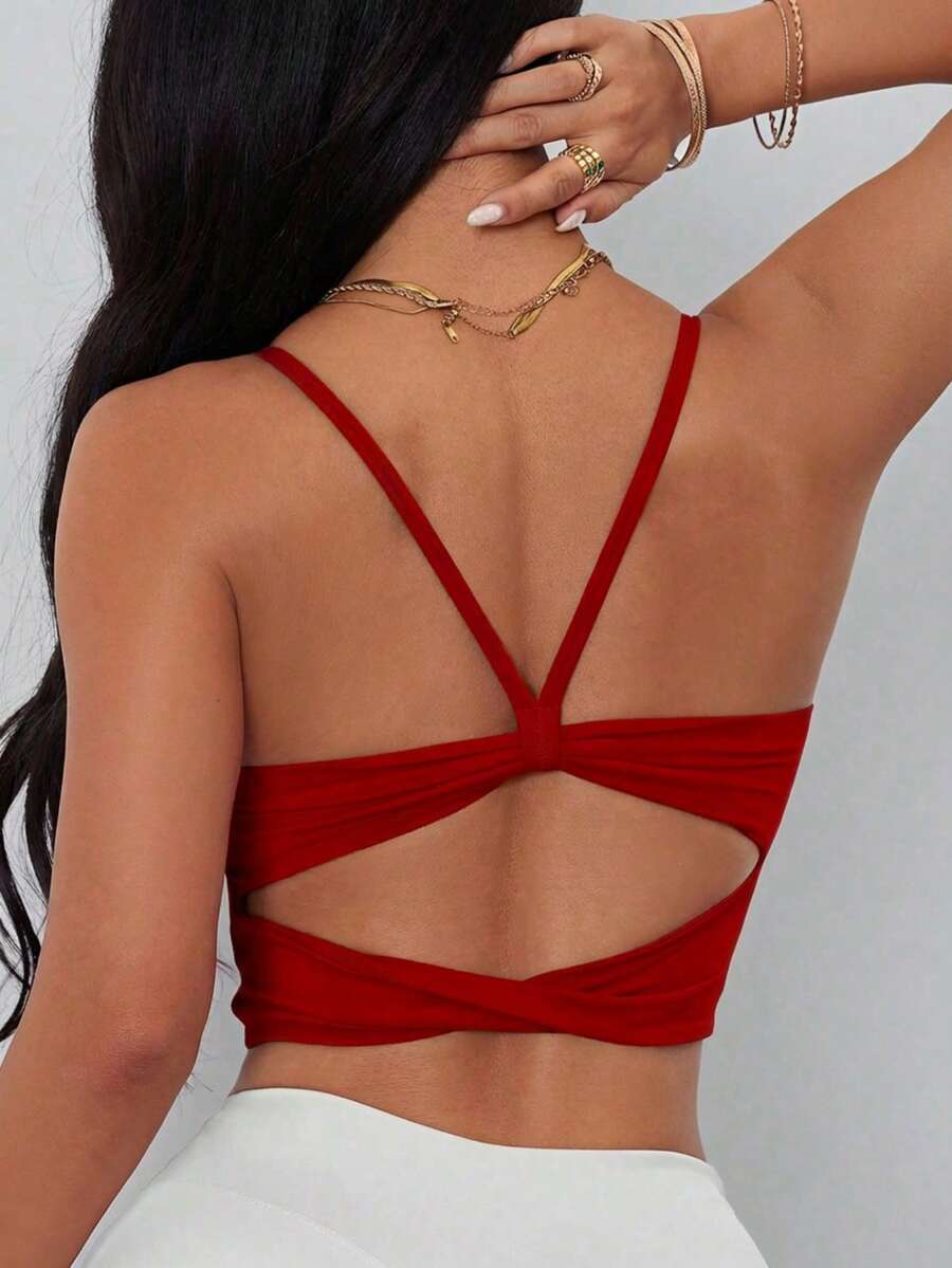 ATTRACO Valentine's Day Red Sports Camisole, Women's Sports Bra Round Neck Criss-Cross Backless Halter Fashionable Sports Bra - 紅色 - 查看 1
